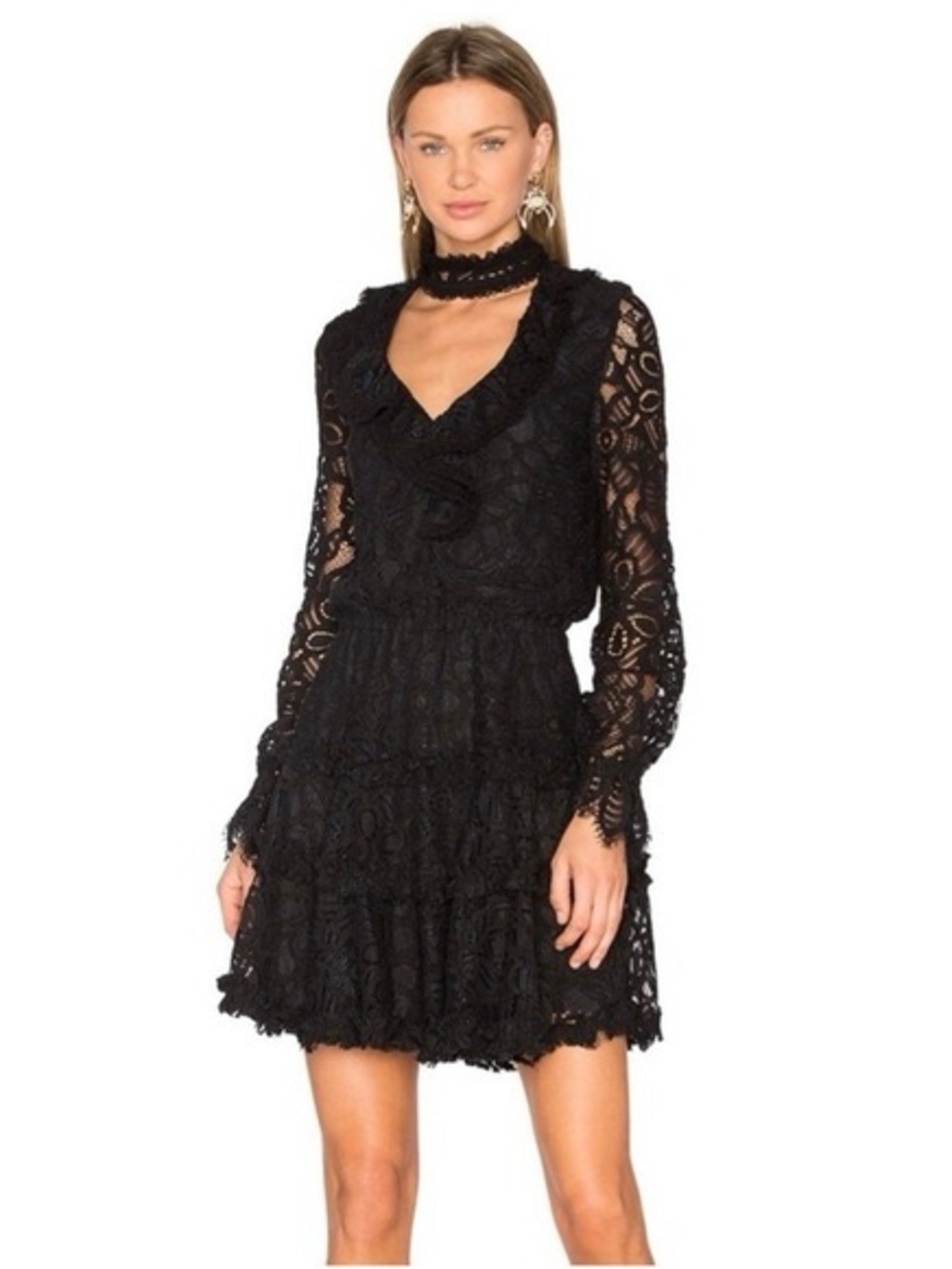 Alexis Black Lace V-Neck Ruffle Mini Dress Size Medium